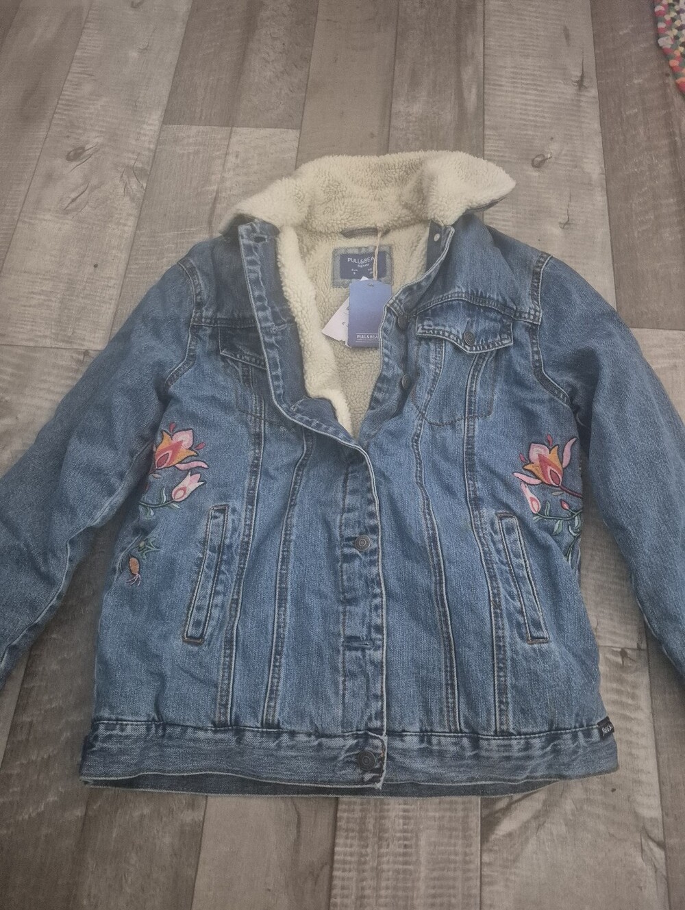 Pull&Bear Trucker Denium Jacket Relaxed Fit Embroidered Fleece Lined S/M NWT - Picture 12 of 12